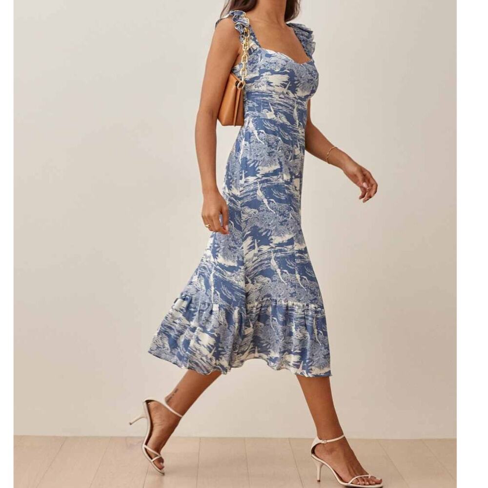 Reformation Bondi Blue Reef Water Print Fitted Ruffle Sweetheart Midi Dress